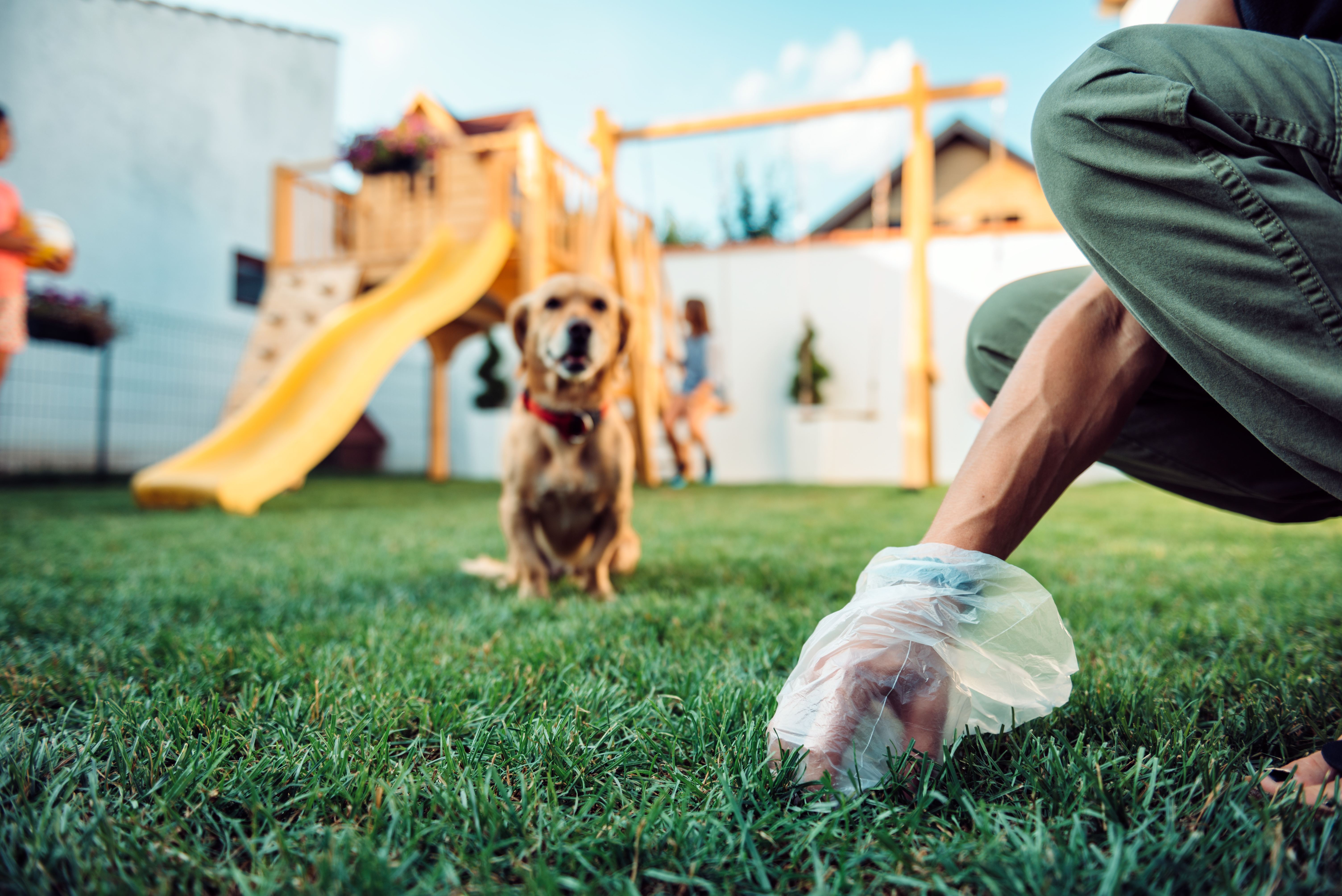 Eine Frau sammelt Hundekot auf im Garten vor einer Kinderrutsche.